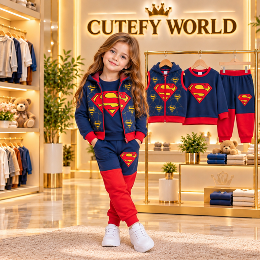 Cutefy Superman Navy 3 Piece Sleeveless Jacket Set For Girls (1 Year-12 Years) Comfortable Kids Wear