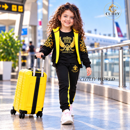 Cutefy Rock Style Black Yellow 3 Piece Vest Set For Girls (1 Year-12 Years) Comfortable Kids Wear