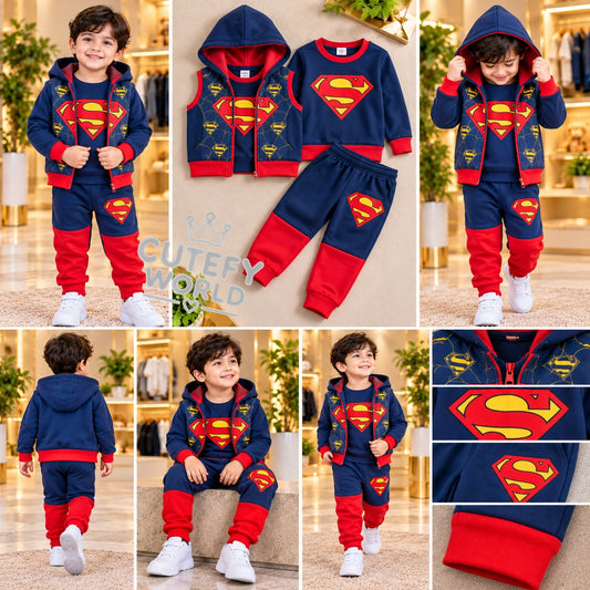 Cutefy Superman Navy 3 Piece Sleeveless Jacket Set For Kids (1 Year-12 Years) Comfortable Kids Wear