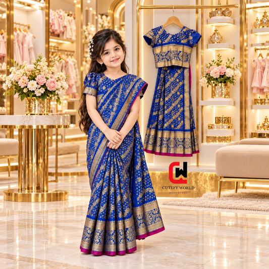 Cutefy Blue Gold Floral Kids Saree Set For Kids (1 Year-12 Years) Comfortable Kids Wear