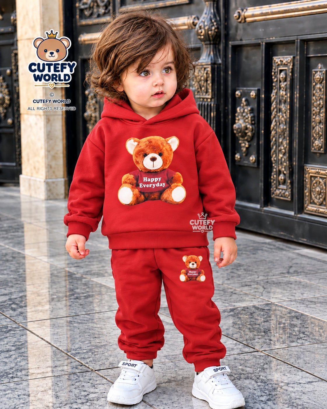 Cutefy Happy Everyday Teddy Red Hoodie Set For Kids (1 Year-12 Years) Comfortable Kids Wear